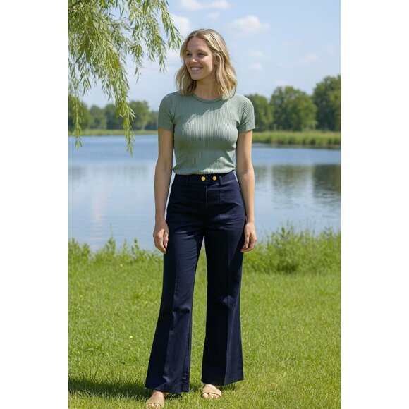 Tory Burch Maddie Pant Navy Blue Womens Sz 0 Wide Leg Cotton Blend Career Pants - Picture 1 of 16